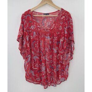 Democracy Women’s Red Blue Paisley Popover Blouse Flutter Sleeve Size Small Boho